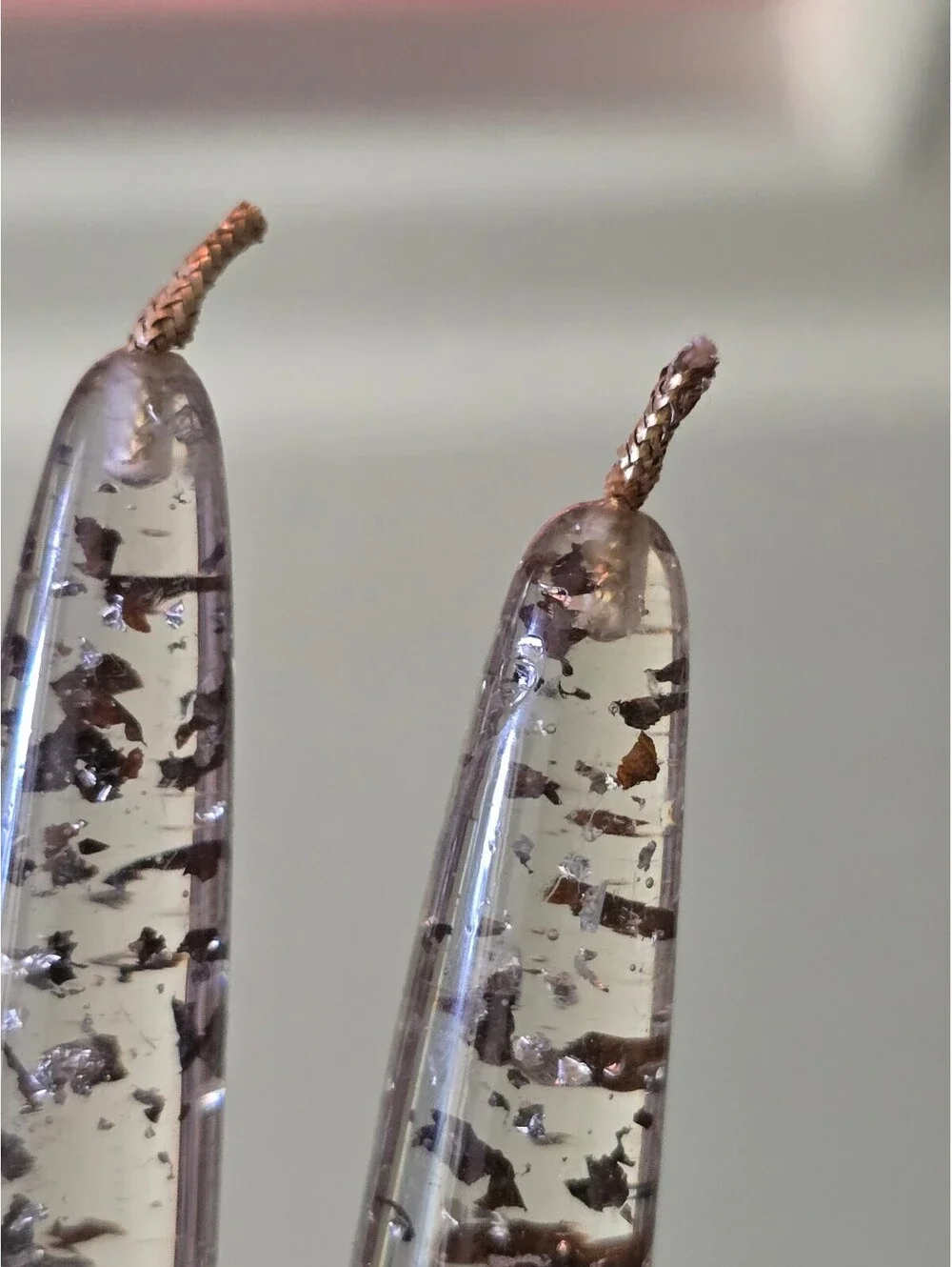 2 Lucite Taper Candles 12 in Gold & Silver Foil Flakes